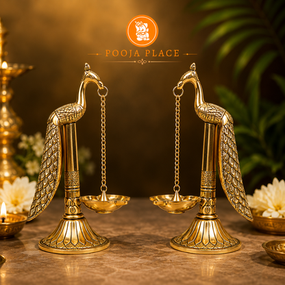 Pure Brass Peacock Diya Set – Set of 2