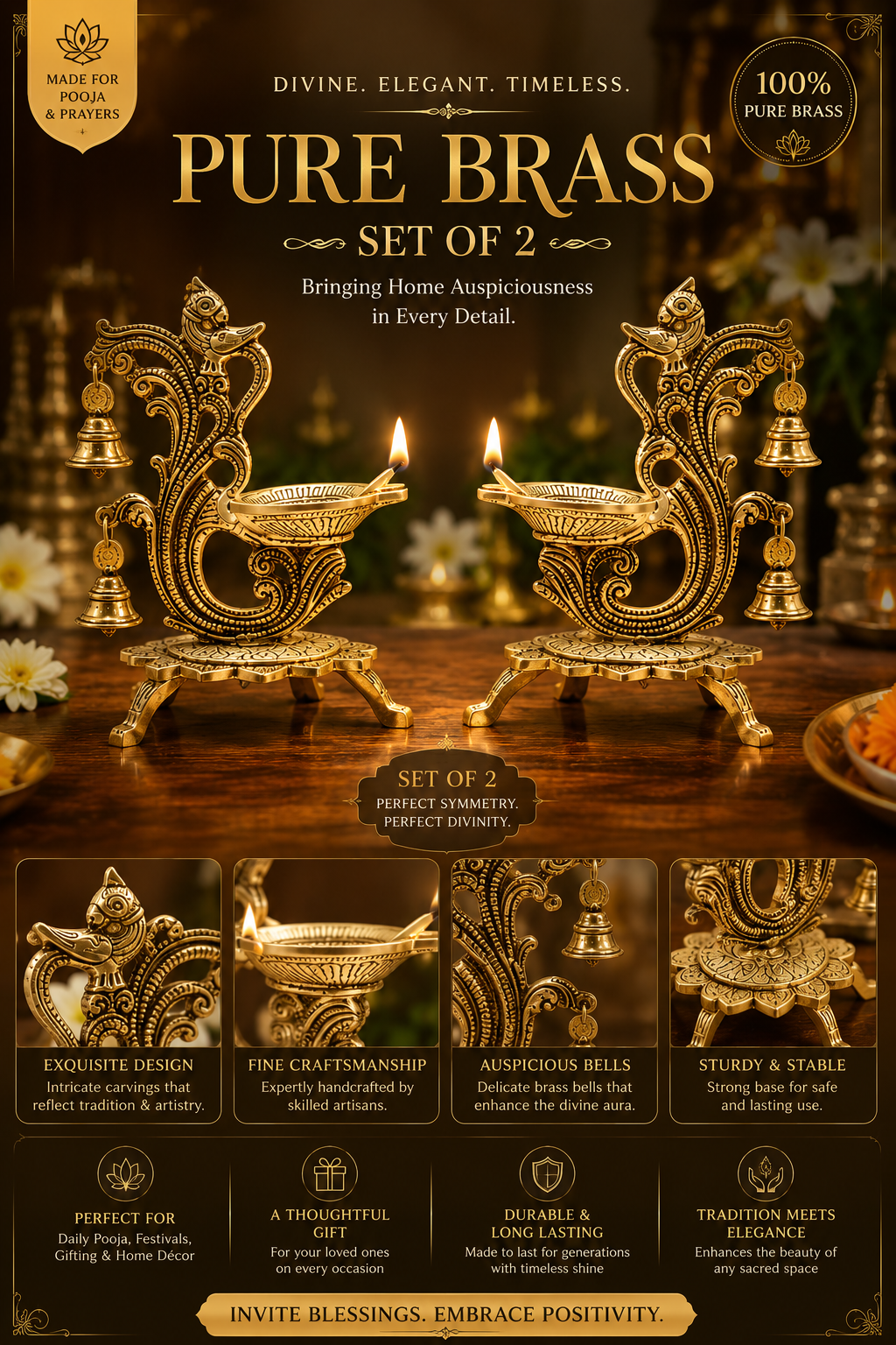 Pure Brass Peacock Diya Set of 2