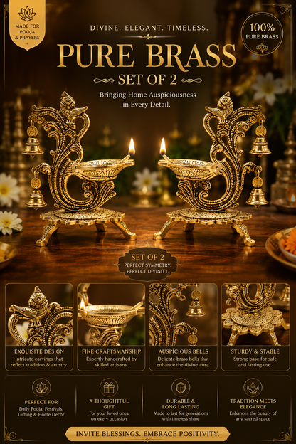 Pure Brass Peacock Diya Set of 2