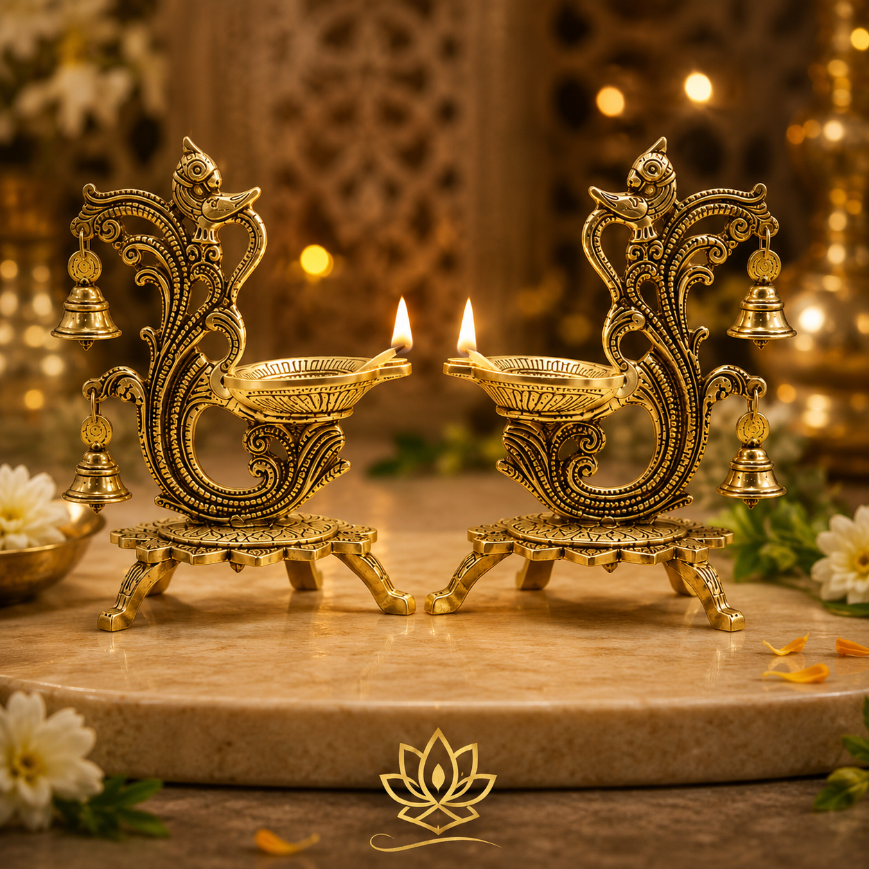 Pure Brass Peacock Diya Set of 2